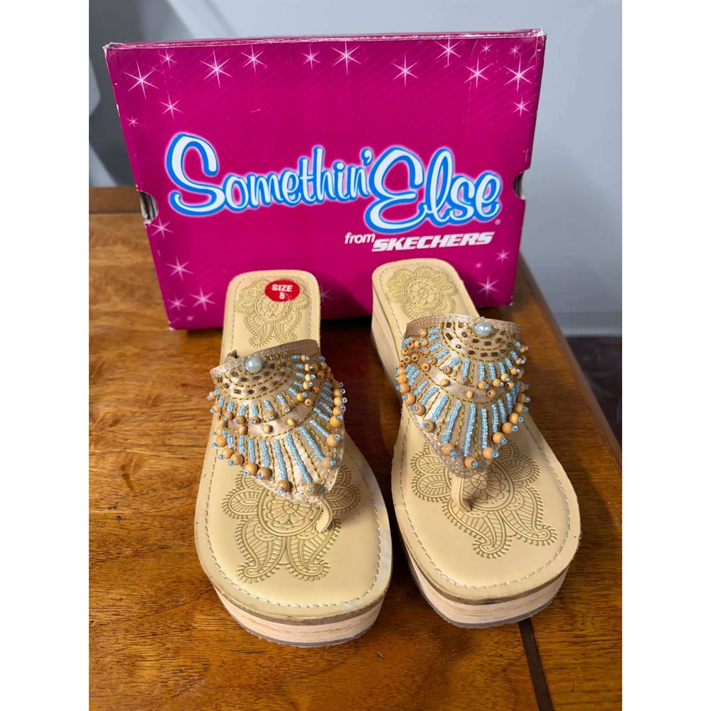 Vtg 90 y2k Skechers Womens 8 Tan Mendhi-Jaunt Platform Sandals Boho Beaded Wedge